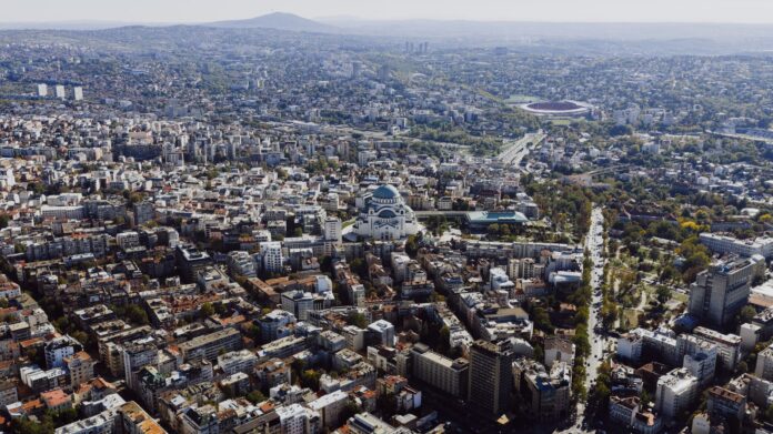 Aerial shot of Belgrade cityscape featuring the iconic St. Sava Temple, Serbia.